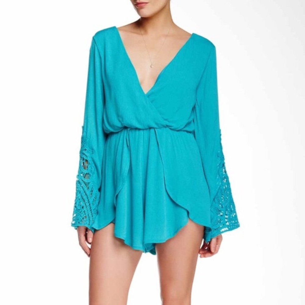 Dee Elle Blue/Green Turquoise Bell Sleeve Romper
